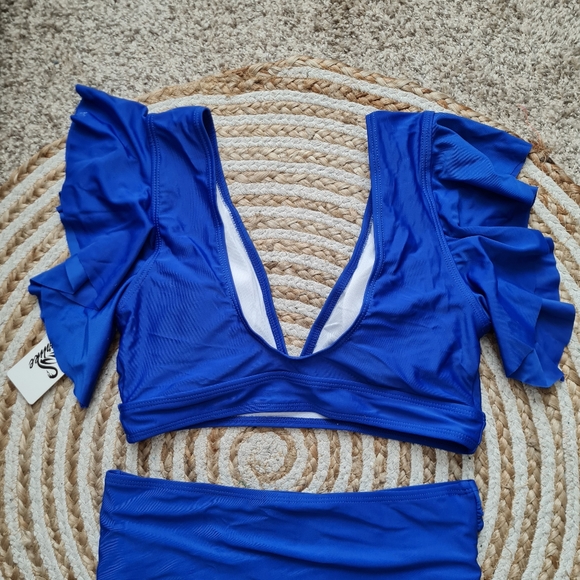 Royal blue, NWT women's Ruffle Shoulder swimsuit bikini,Sz,Small - Picture 5 of 12